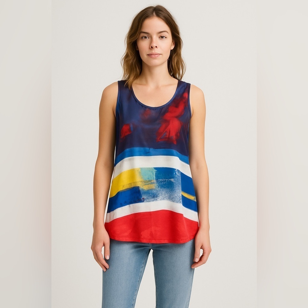 B.B. Dakota Women’s Multicolor Satin Sleeveless Tunic Blouse S Watercolor Artsy